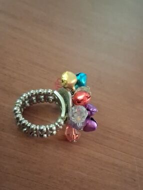 Jingle Bell Stretch Ring Beaded Dinner Silver Tone Multicolor Boho Festive*